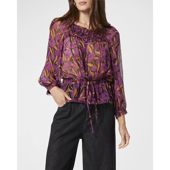 JOIE Asseline Purple Floral Print Crinkle Silk Peplum Tie Blouse Top, Size XS - Picture 1 of 9